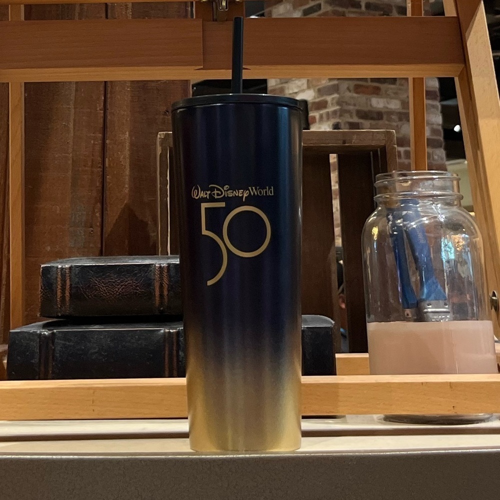 Walt Disney World 50th Anniversary Starbucks Black & Gold Metal Tumbler.
